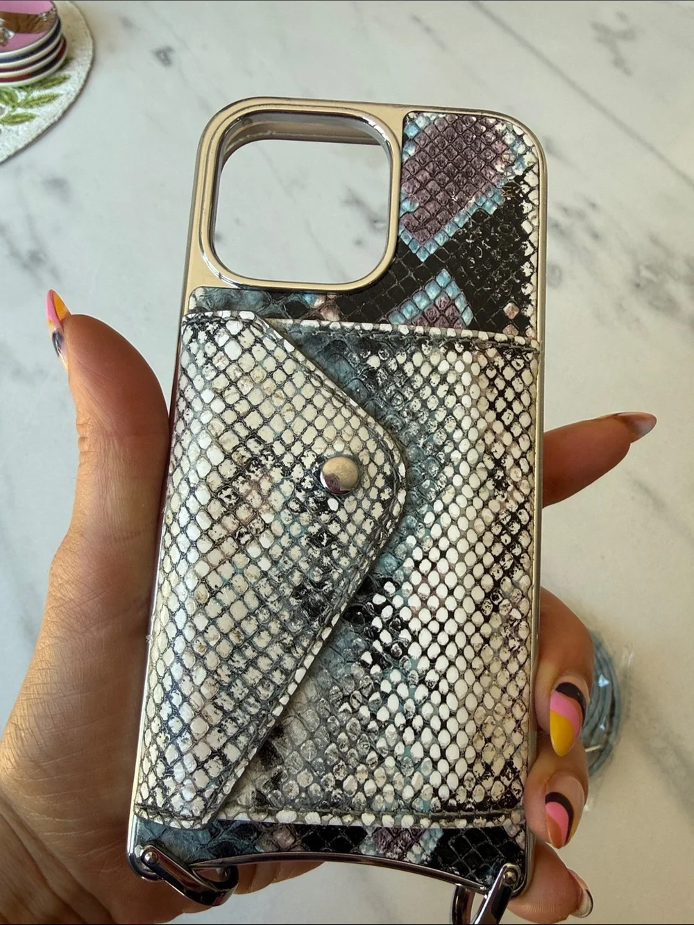 Bandolier Snake-Print Phone Case iPhone 16 promax with Gray-Blue Removable Strap